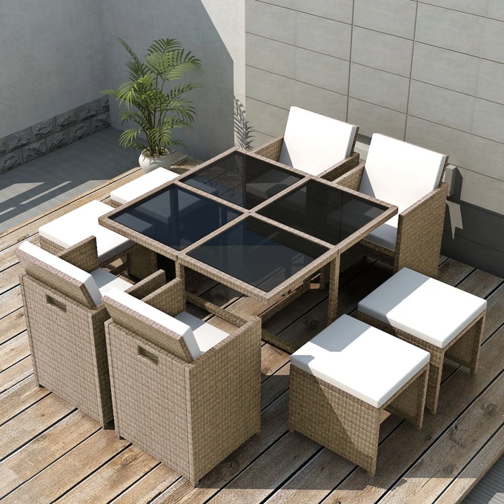 Ensemble à manger d'extérieur et coussins 9 pcs résine tressée - XIOS