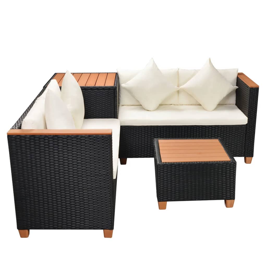 Salon de jardin 4 pcs avec coussins Résine tressée Noir