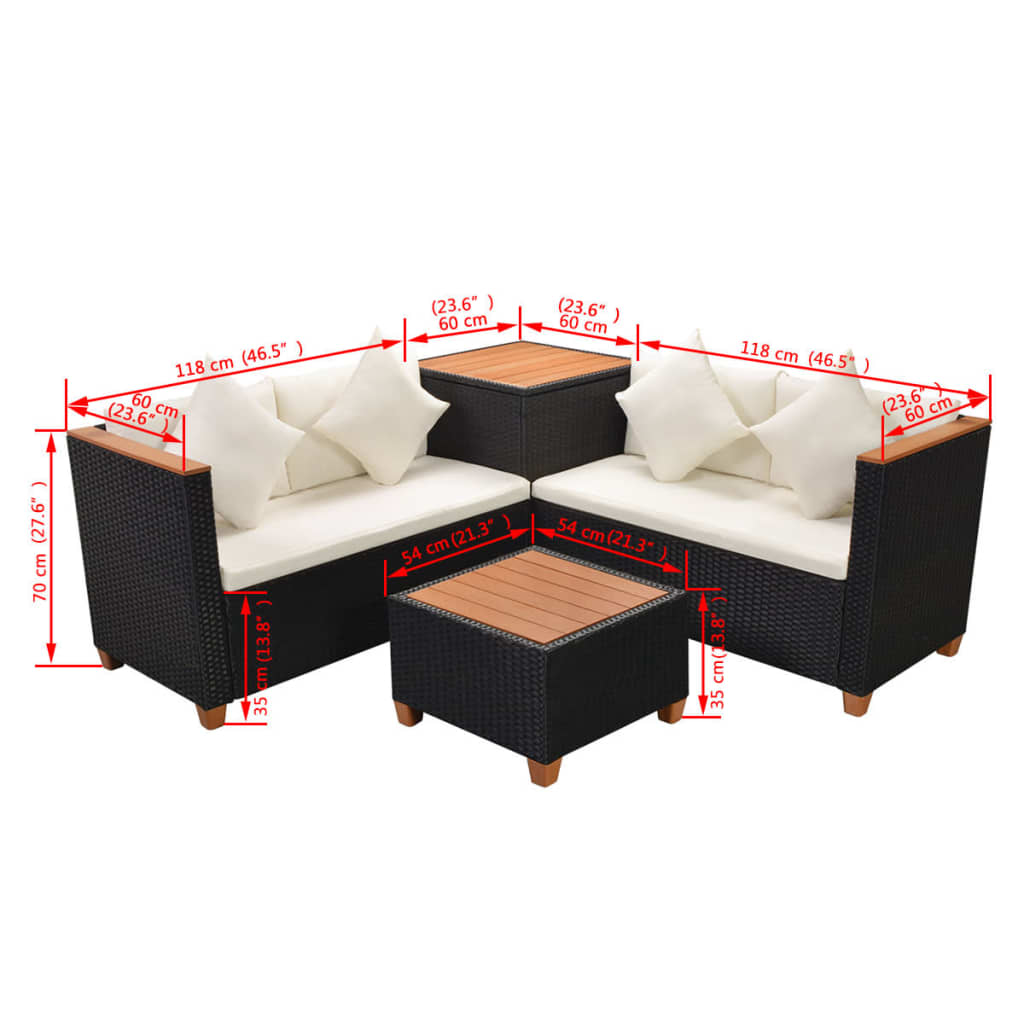 Salon de jardin 4 pcs avec coussins Résine tressée Noir