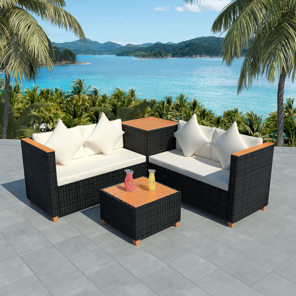 Salon de jardin 4 pcs avec coussins Résine tressée Noir
