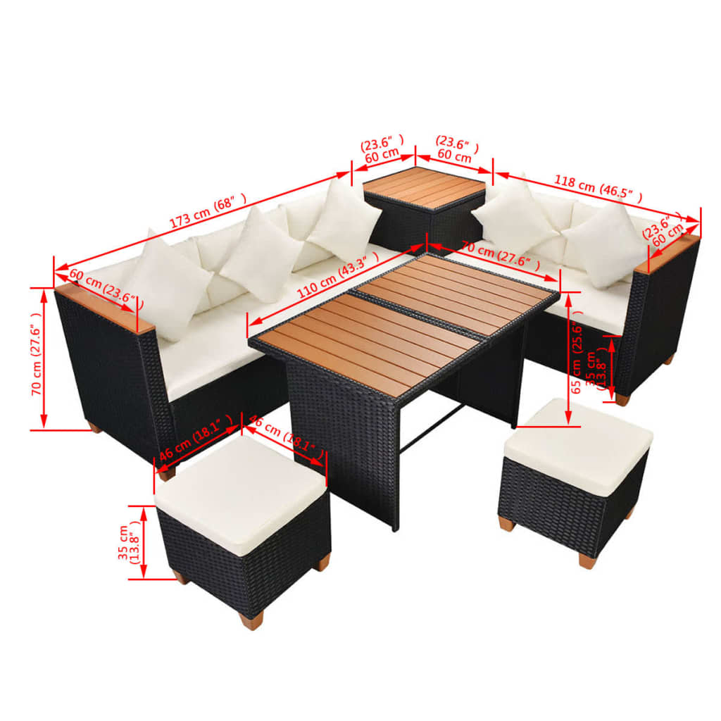 Salon de jardin 7 pcs avec coussins Résine tressée Noir - XIOS