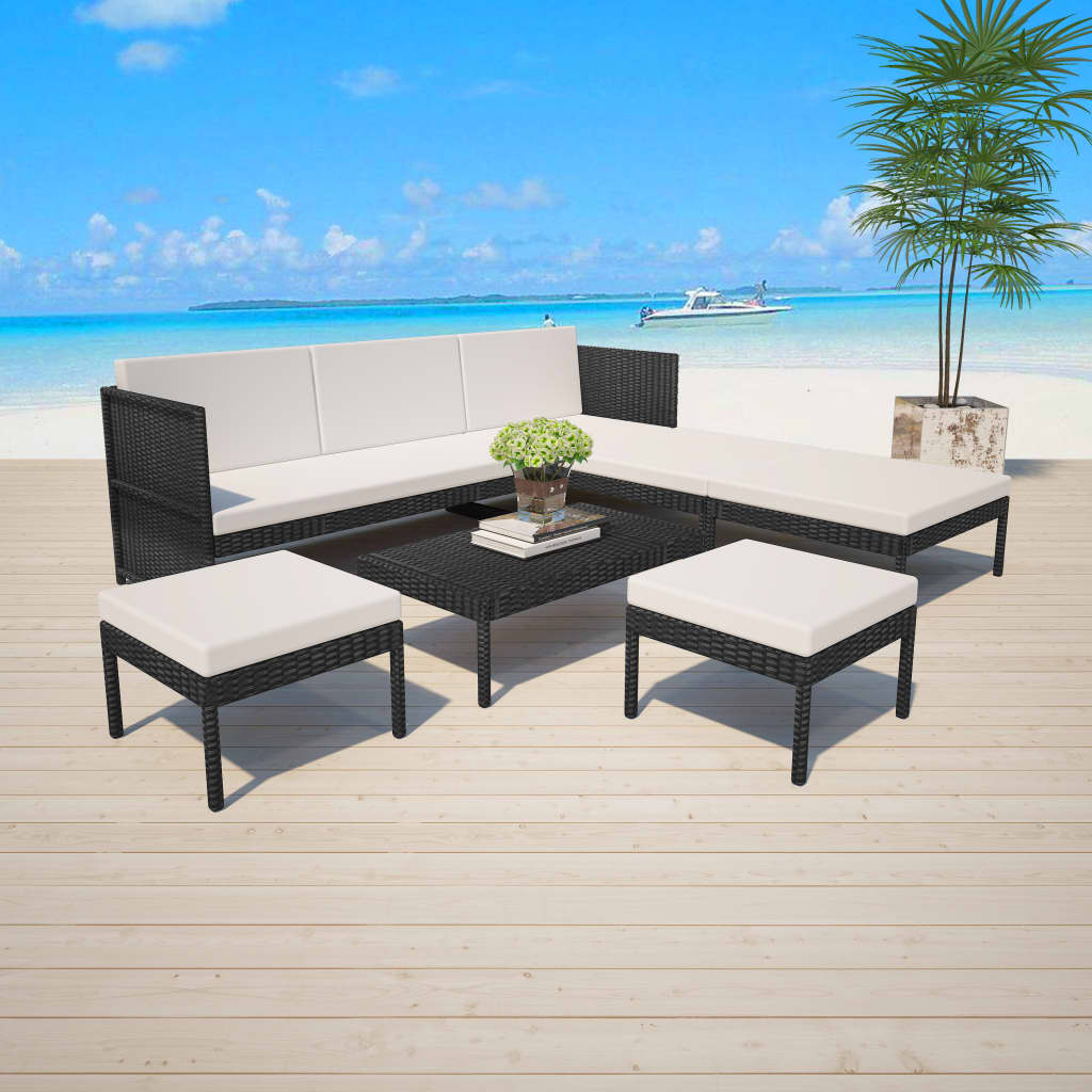 Salon de jardin 6 pcs avec coussins résine tressée noir - XIOS