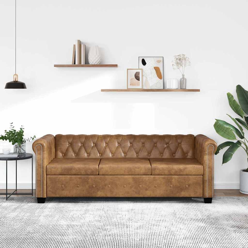 Canapé Chesterfield 3 places cuir artificiel marron