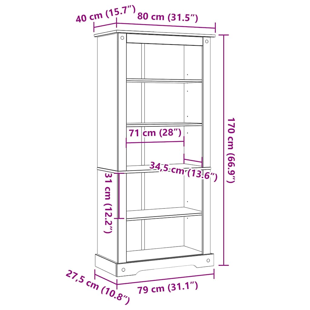 Bibliothèque 5 niveaux Gamme Corona Pin mexicain 80x40x170 cm - XIOS