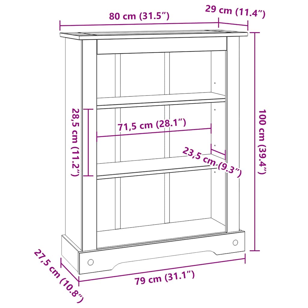 Bibliothèque 3 niveaux Gamme Corona Pin mexicain 80x29x100 cm - XIOS