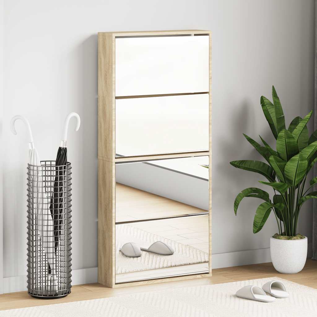 Meuble à chaussures 4 étagères avec miroir 63x17x134 cm Chêne