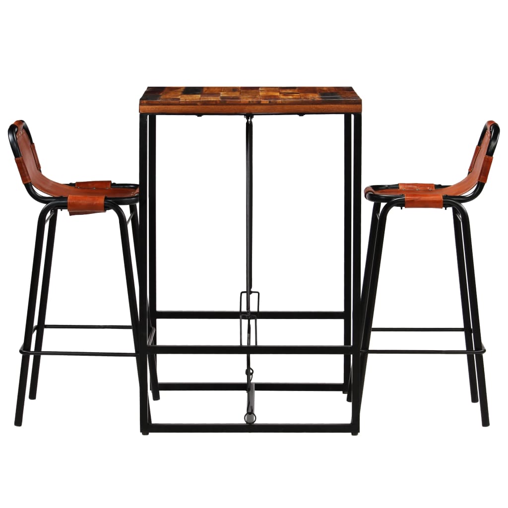 Ensemble de bar 3 pcs Bois massif recyclé et cuir de chèvre