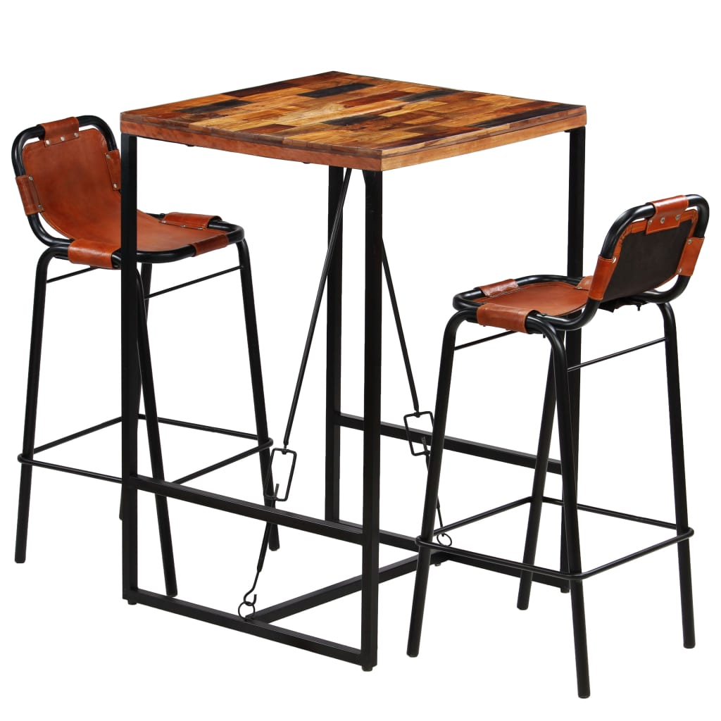 Ensemble de bar 3 pcs Bois massif recyclé et cuir de chèvre - XIOS