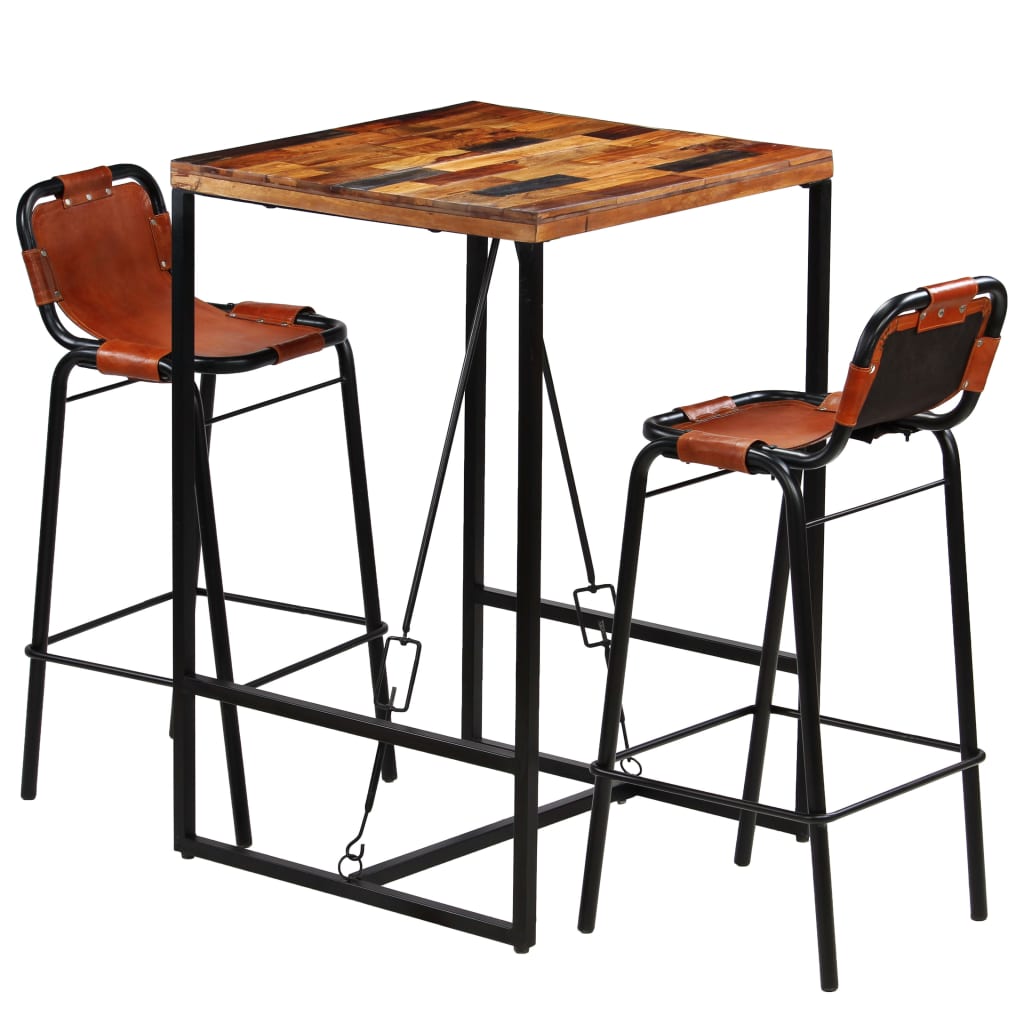 Ensemble de bar 3 pcs Bois massif recyclé et cuir de chèvre
