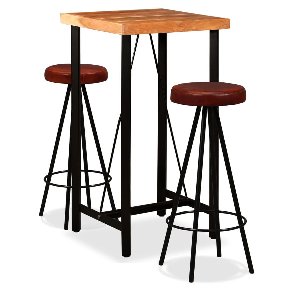 Ensemble de bar 3 pcs Bois d'acacia massif et cuir véritable - XIOS