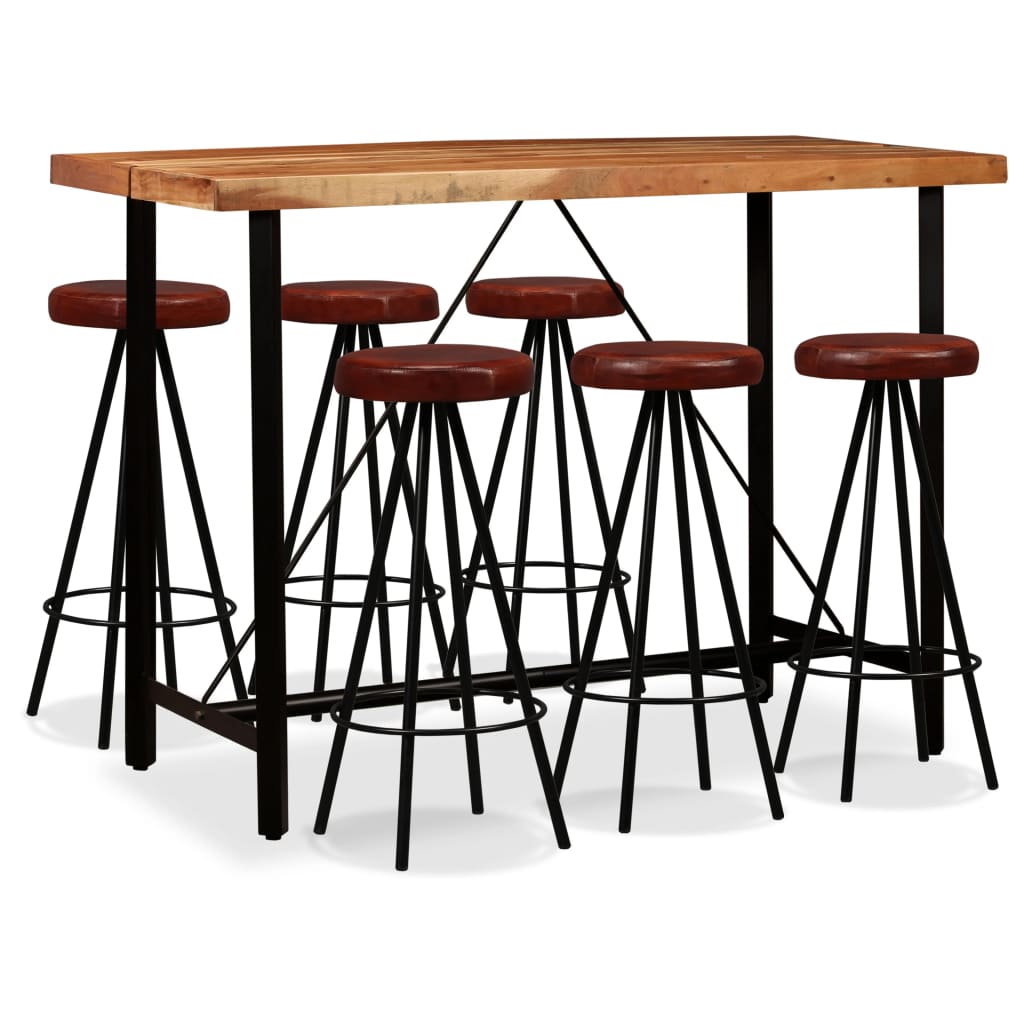 Ensemble de bar 7 pcs Bois d'acacia massif et cuir véritable - XIOS