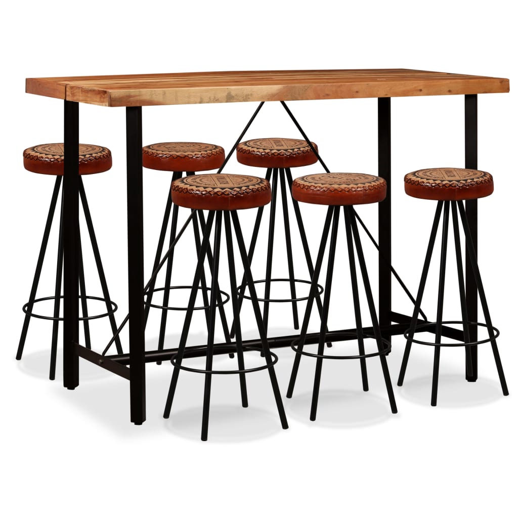 Ensemble de bar 7 pcs Bois d'acacia Cuir véritable et toile - XIOS
