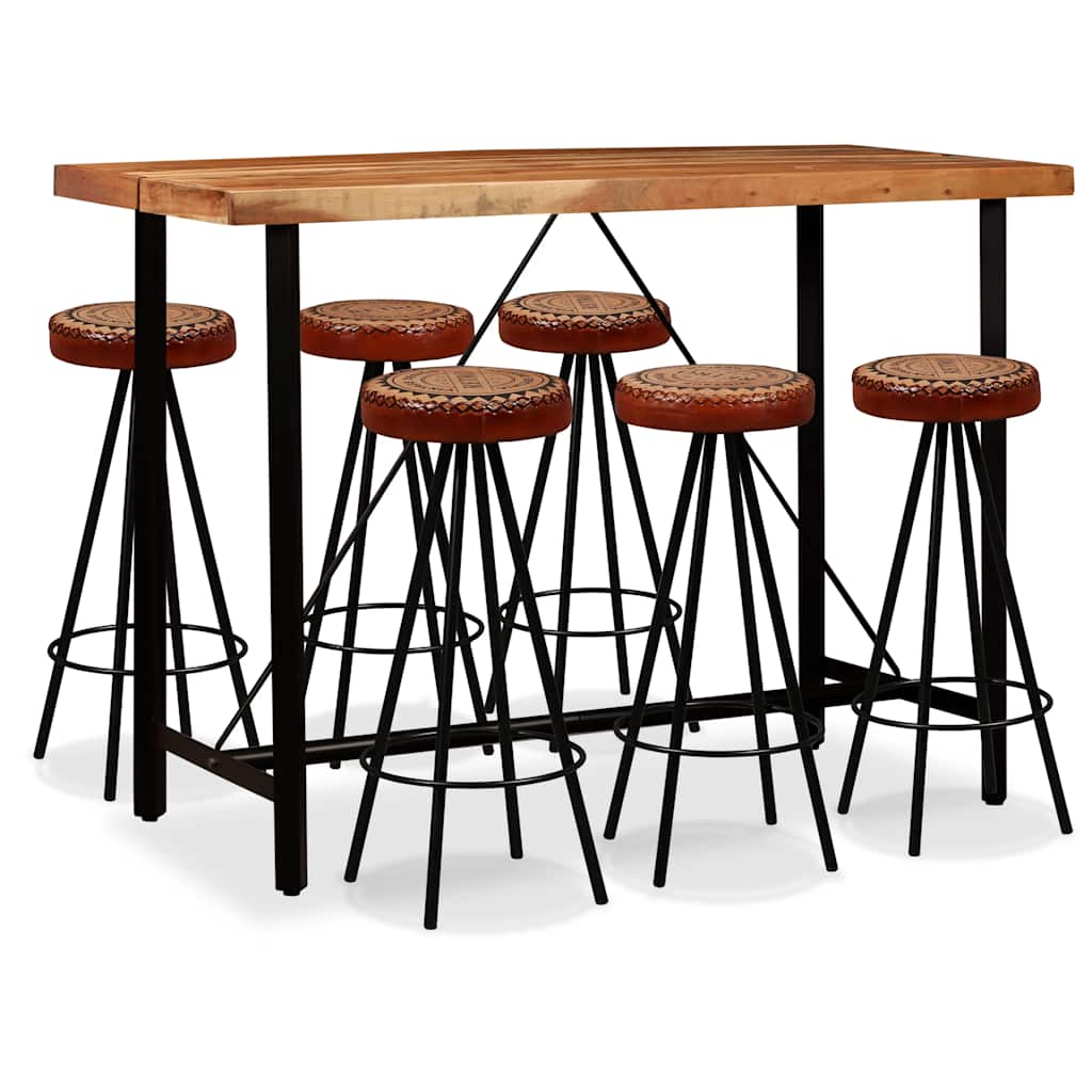 Ensemble de bar 7 pcs Bois d'acacia Cuir véritable et toile - XIOS