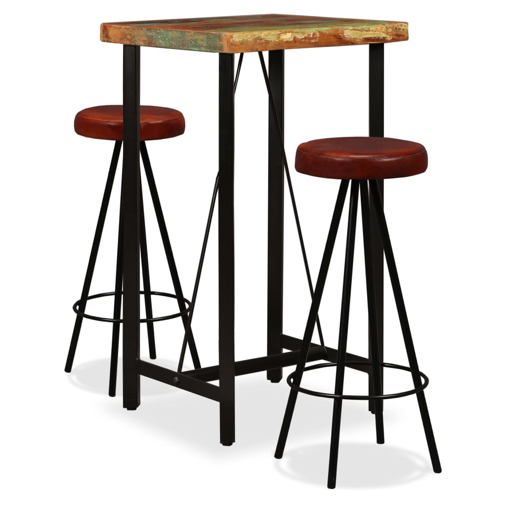 Ensemble de bar 3 pcs Bois massif recyclé et cuir véritable - XIOS