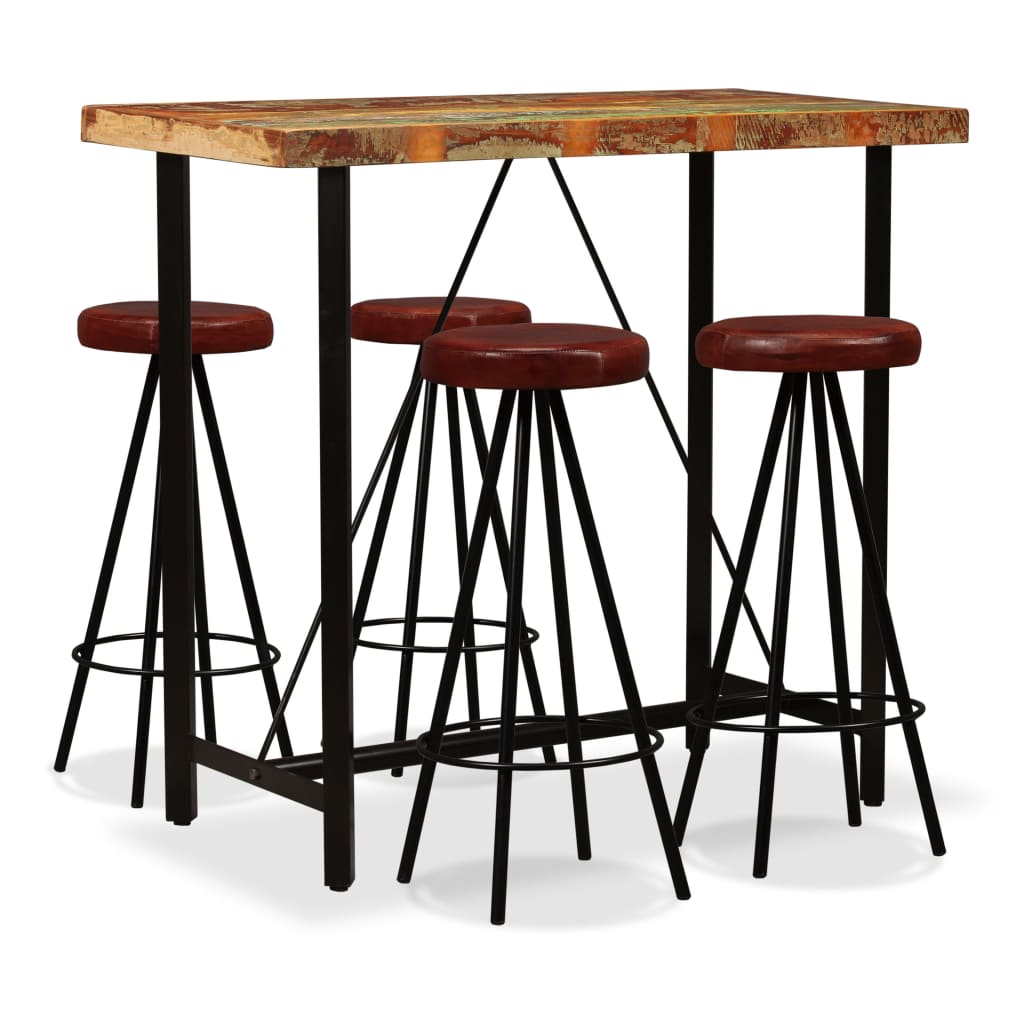 Ensemble de bar 5 pcs Bois massif recyclé et cuir véritable - XIOS