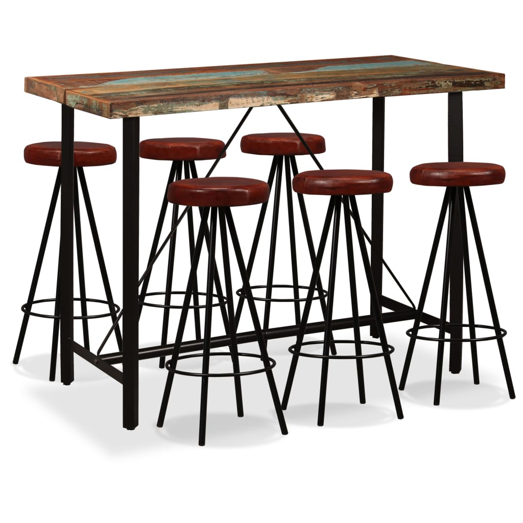 Ensemble de bar 7 pcs Bois massif recyclé et cuir véritable - XIOS