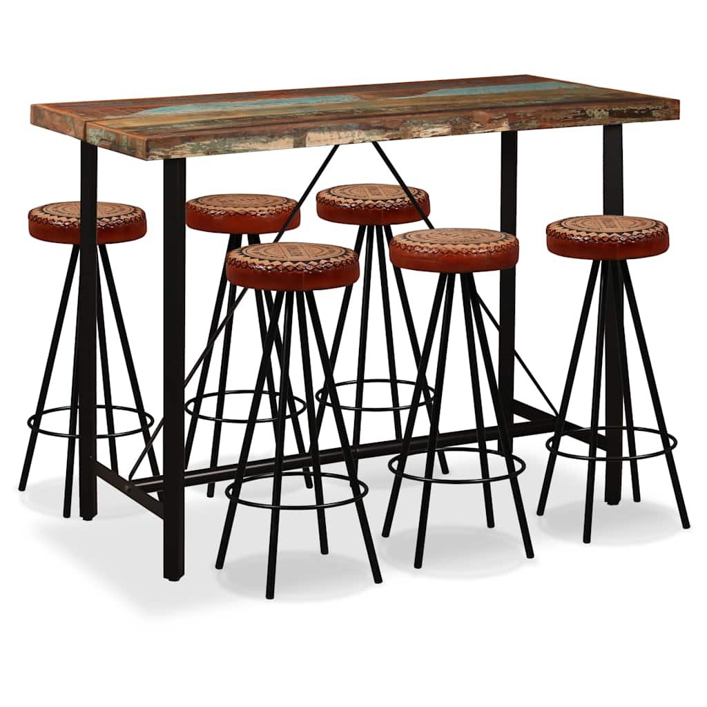 Ensemble de bar 7 pcs Bois de récupération Cuir véritable et toile - XIOS