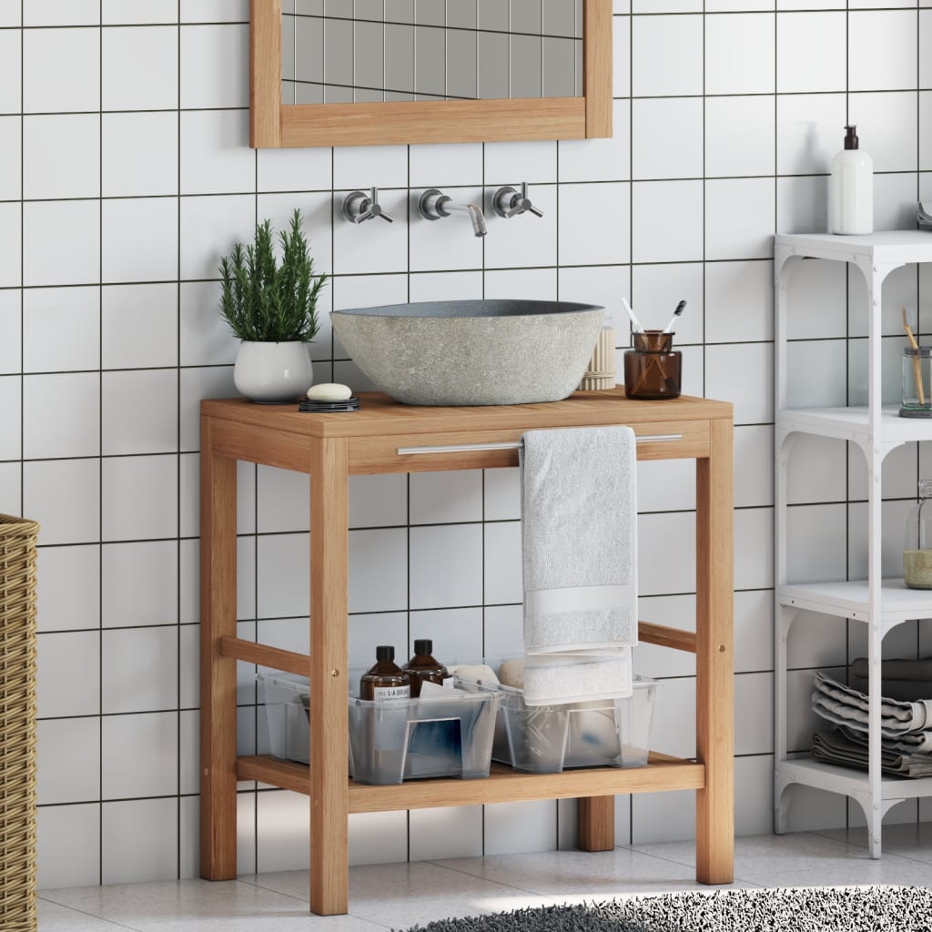 Armoire de toilette Teck solide et lavabo en pierre de rivière - XIOS