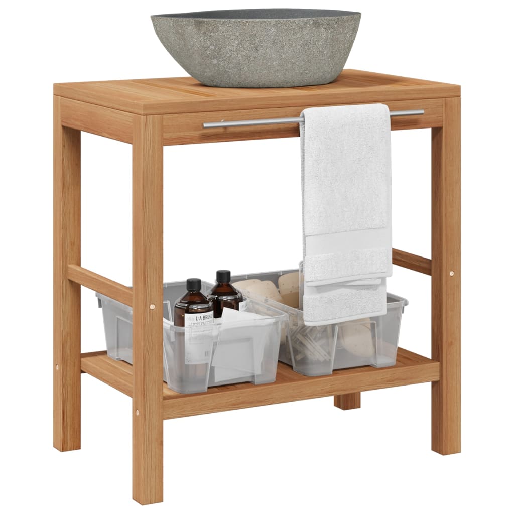 Armoire de toilette Teck solide et lavabo en pierre de rivière - XIOS