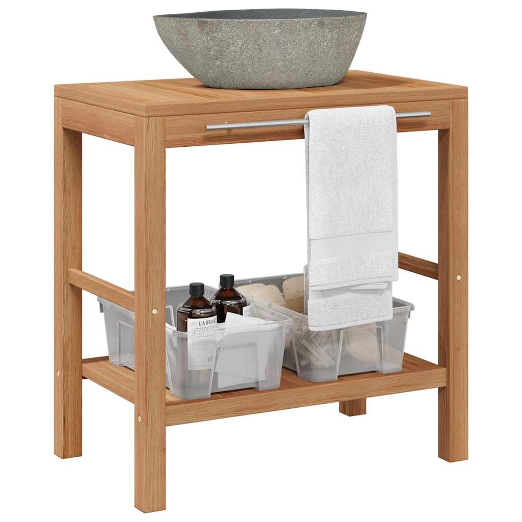 Armoire de toilette Teck solide et lavabo en pierre de rivière