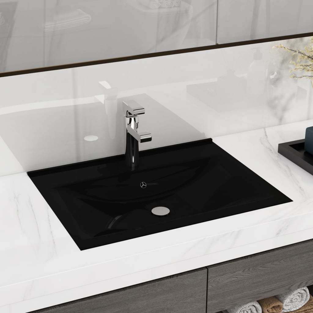 Vasque à poser en céramique noir perçage pour la robinetterie 60x46cm Lavabos vidaXL
