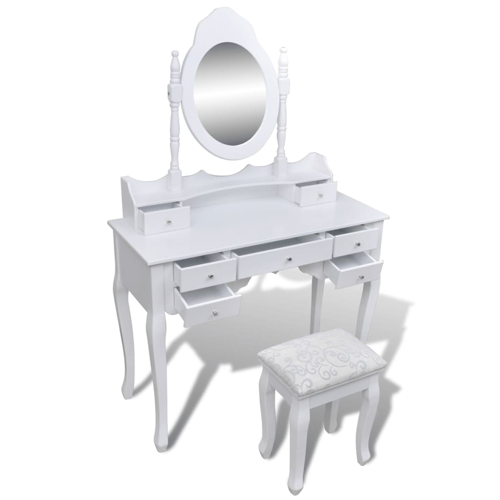 Coiffeuse avec miroir et tabouret 7 tiroirs Blanc - XIOS