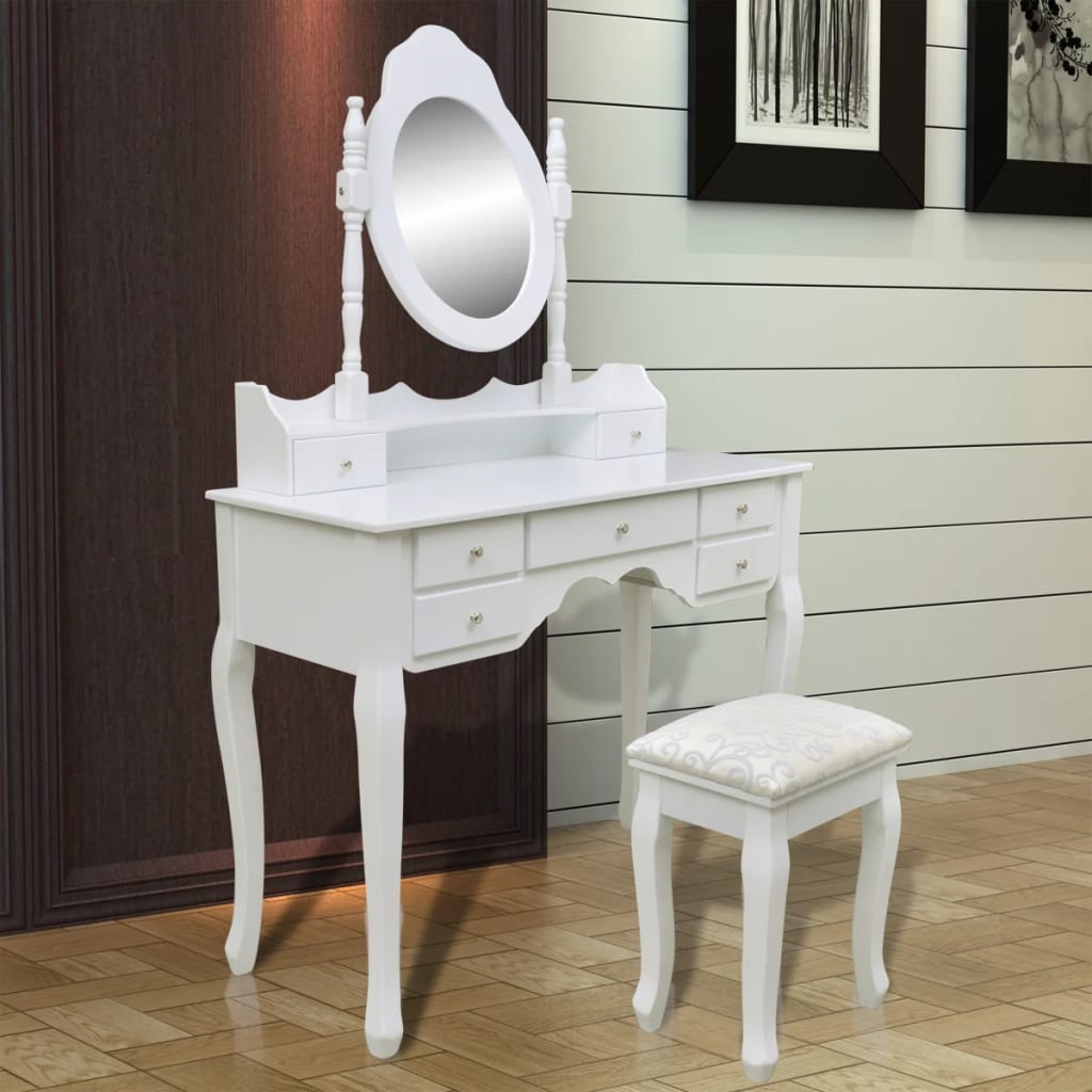 Coiffeuse avec miroir et tabouret 7 tiroirs Blanc - XIOS
