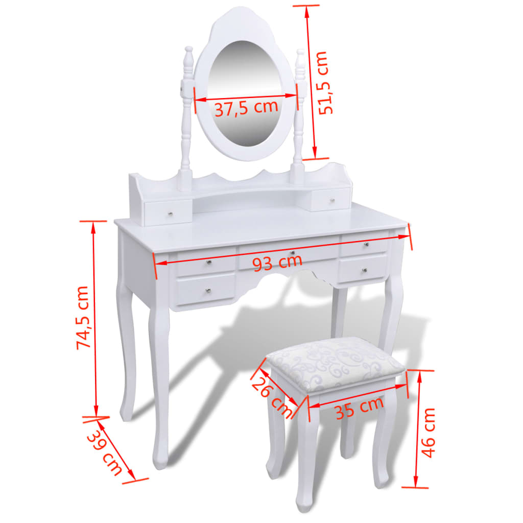 Coiffeuse avec miroir et tabouret 7 tiroirs Blanc - XIOS