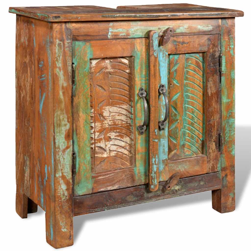 Ensemble meuble sous vasque et miroir en bois massif recyclé