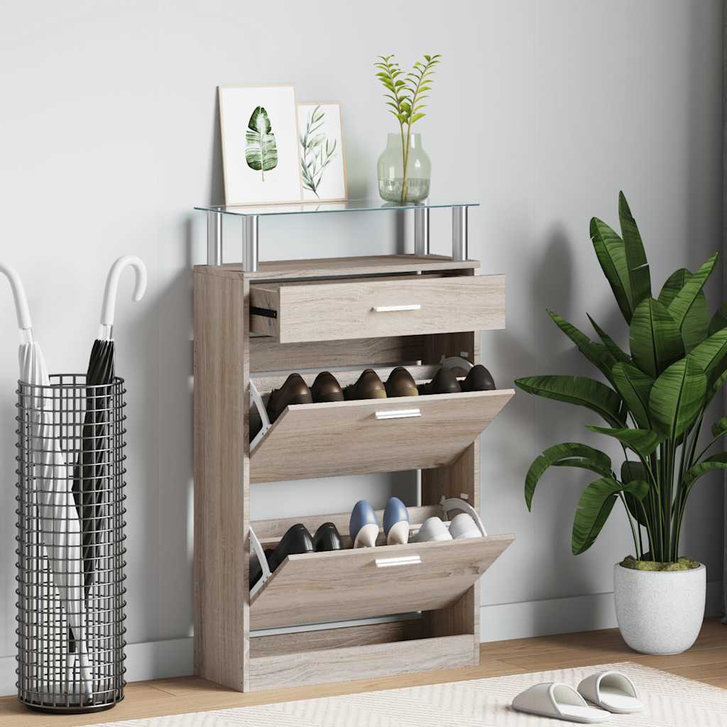 Meuble à chaussures avec tiroir et plateau en verre Bois
