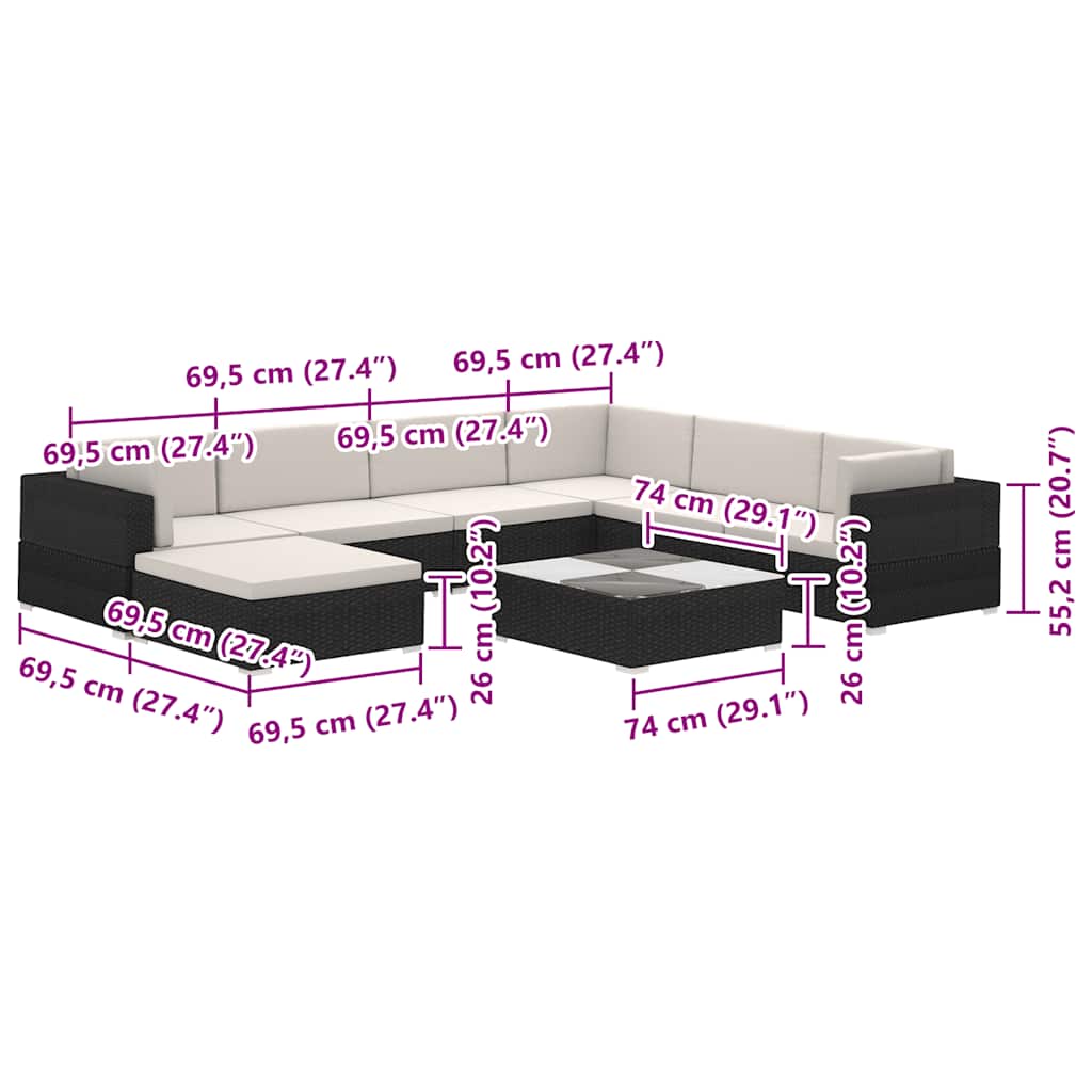 Salon de jardin 8 pcs avec coussins Résine tressée Noir - XIOS