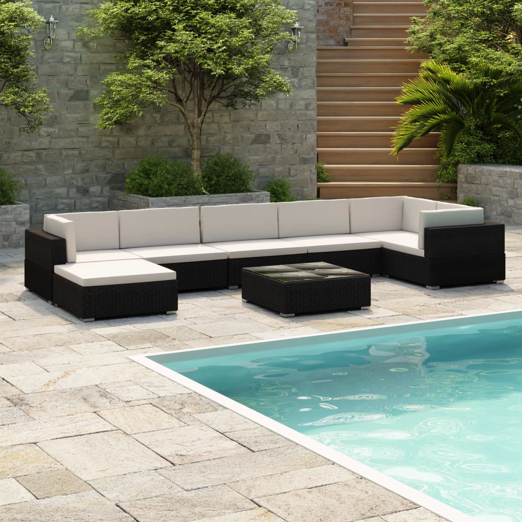 Salon de jardin 8 pcs avec coussins résine tressée noir - XIOS