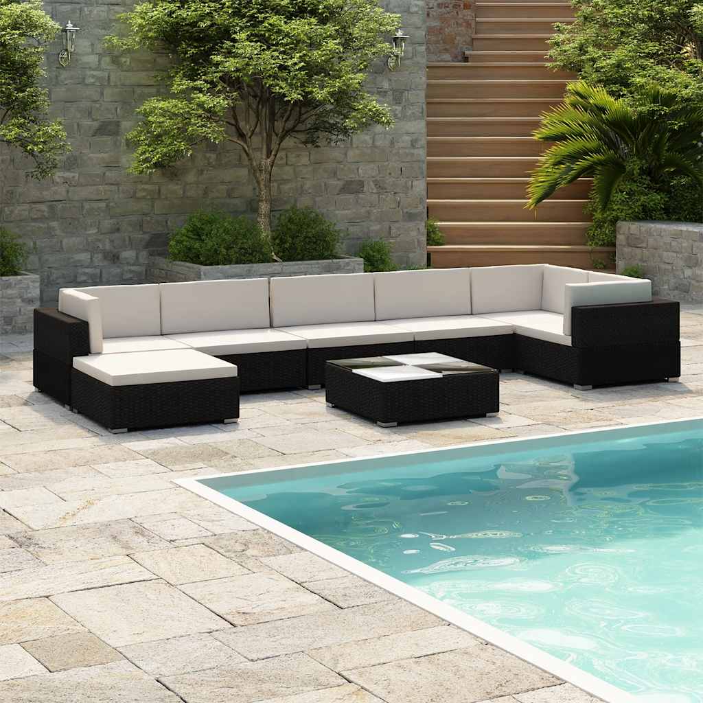 Salon de jardin 8 pcs avec coussins résine tressée noir - XIOS