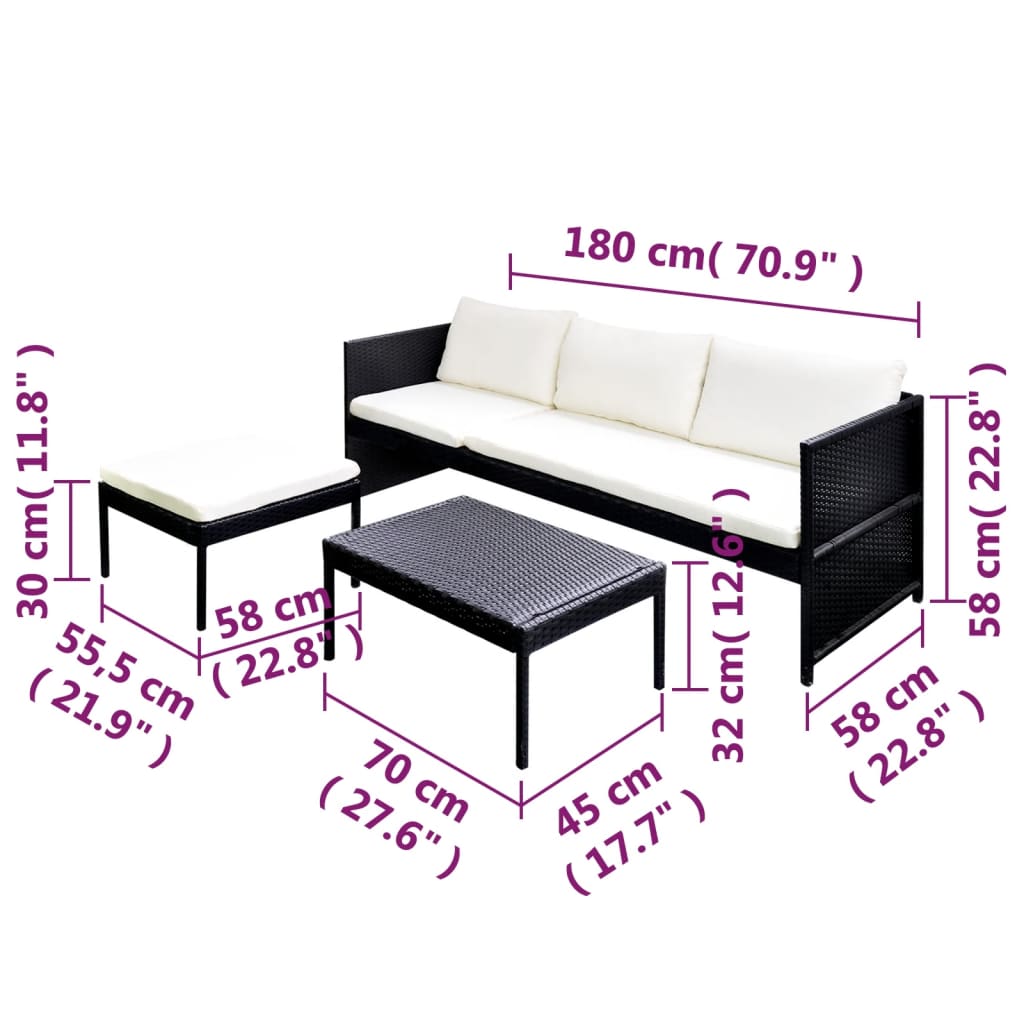 Salon de jardin 3 pcs avec coussins Résine tressée Noir - XIOS