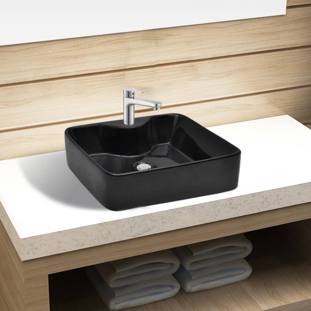 Vasque carrée à trou pour robinet céramique Noir pour salle de bain Lavabos vidaXL