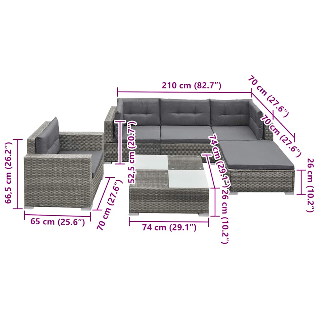 Salon de jardin 6 pcs avec coussins résine tressée gris - XIOS