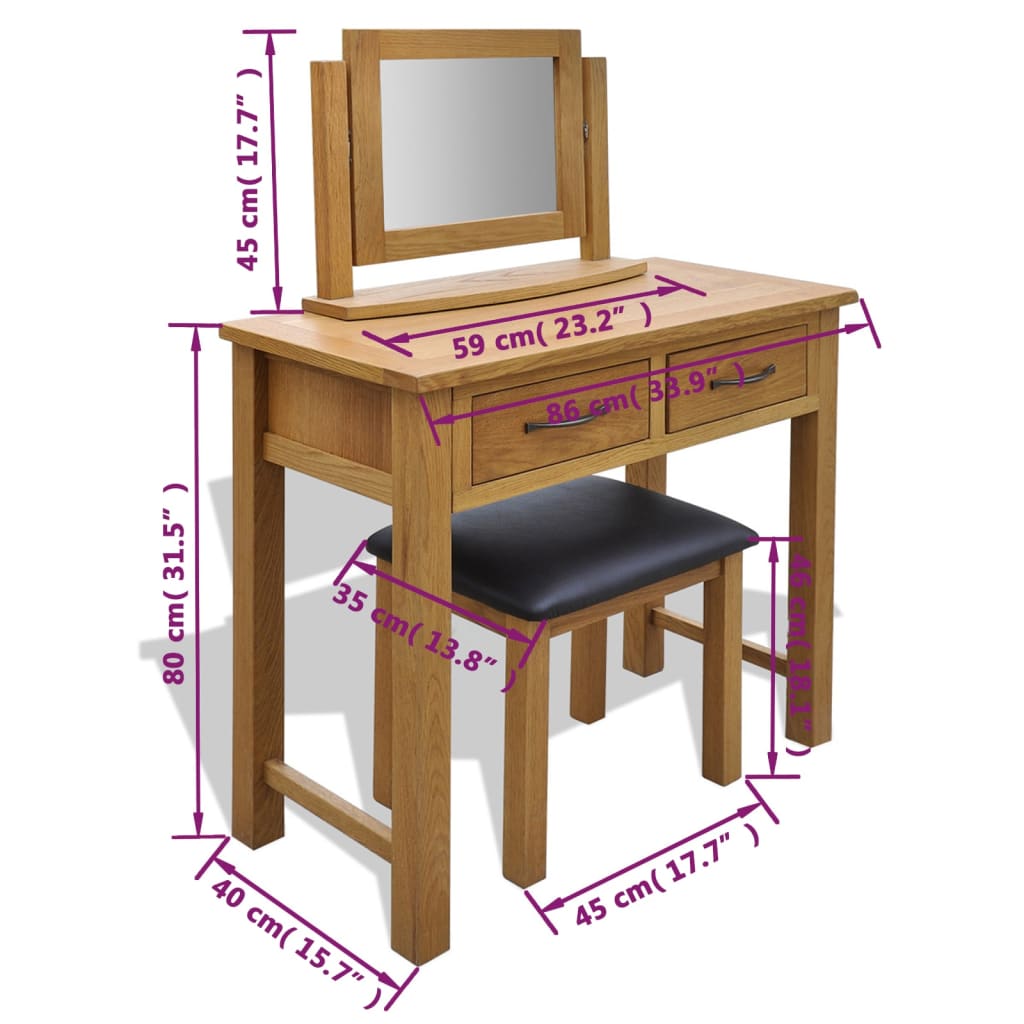 Coiffeuse avec tabouret Bois de chêne massif