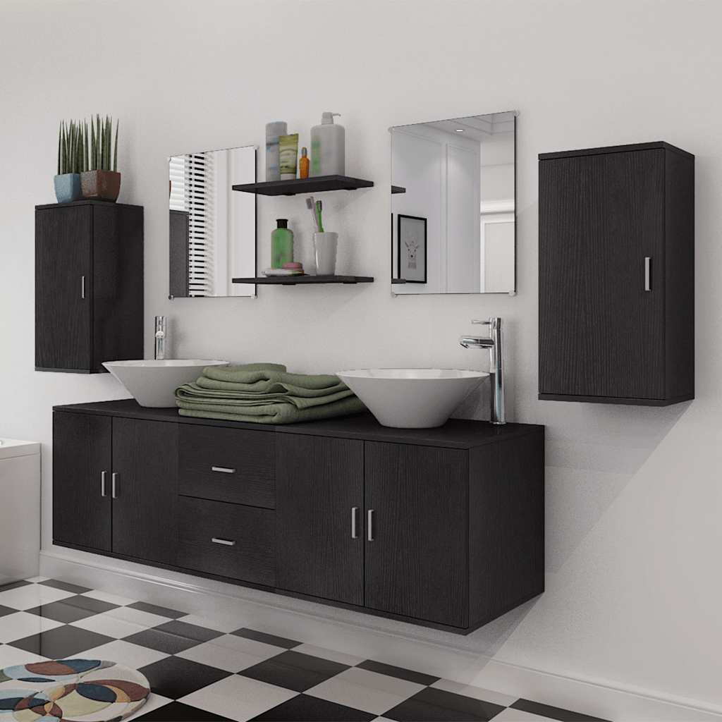 Meuble de salle de bain 11 pcs avec lavabo et robinet Noir