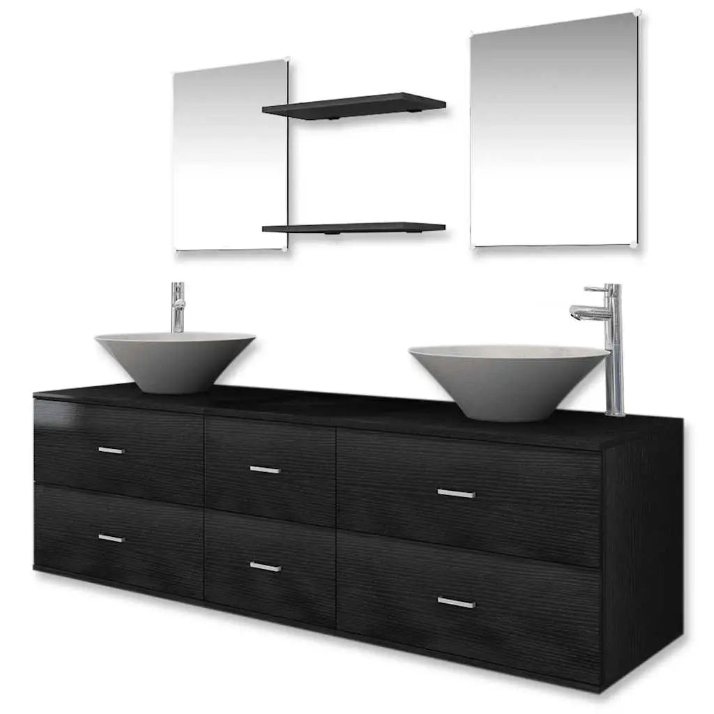 Meubles de salle de bain 9 pcs avec lavabo et robinet Noir - XIOS
