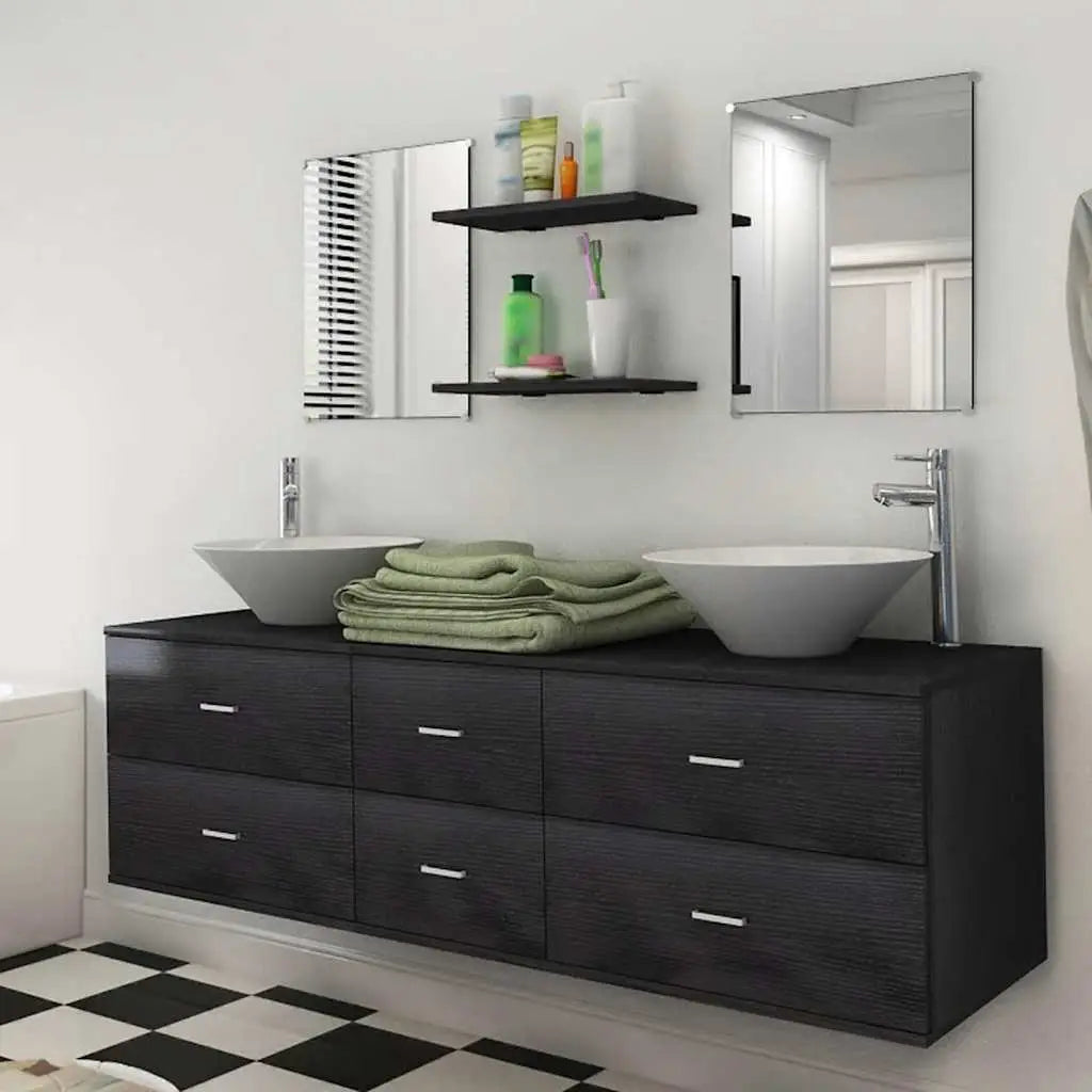 Meubles de salle de bain 9 pcs avec lavabo et robinet Noir - XIOS
