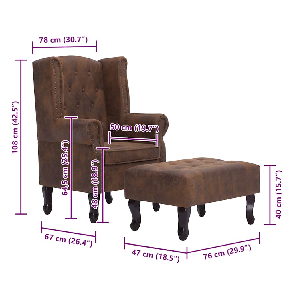 Fauteuil Chesterfield et repose-pieds Marron Similicuir daim - XIOS