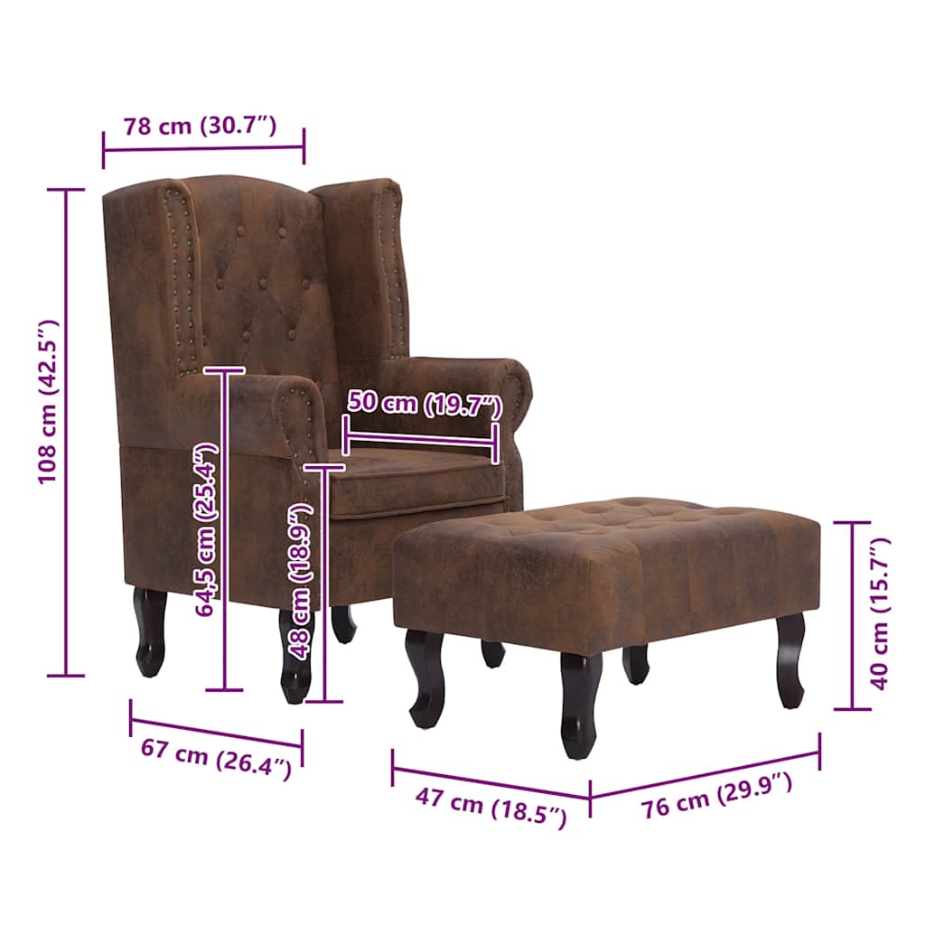Fauteuil Chesterfield et repose-pieds Marron Similicuir daim