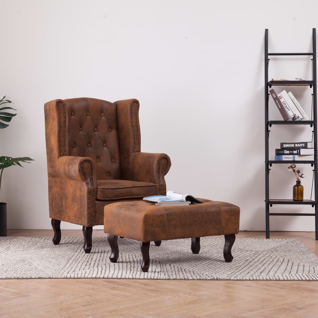 Fauteuil Chesterfield et repose-pieds Marron Similicuir daim - XIOS