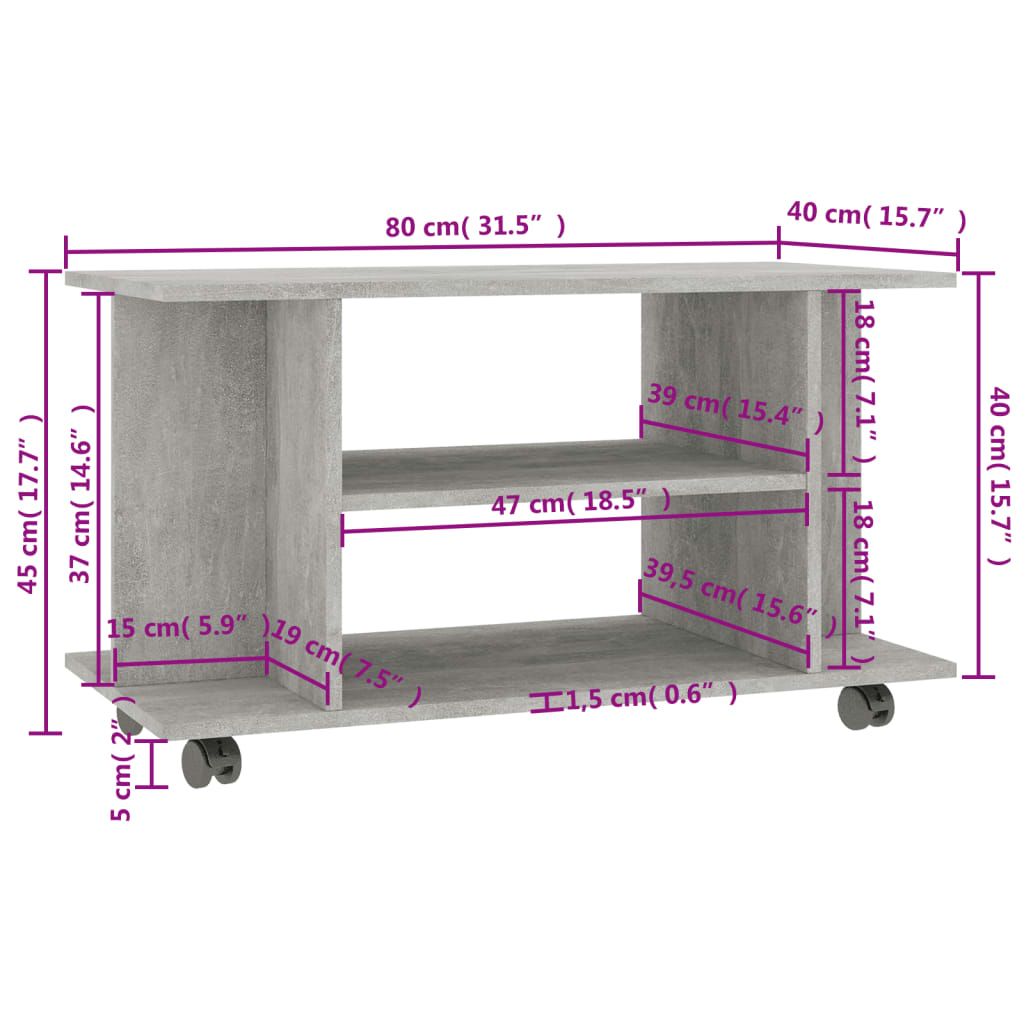 Meuble TV et roulettes gris béton 80x40x45 cm bois d'ingénierie - XIOS