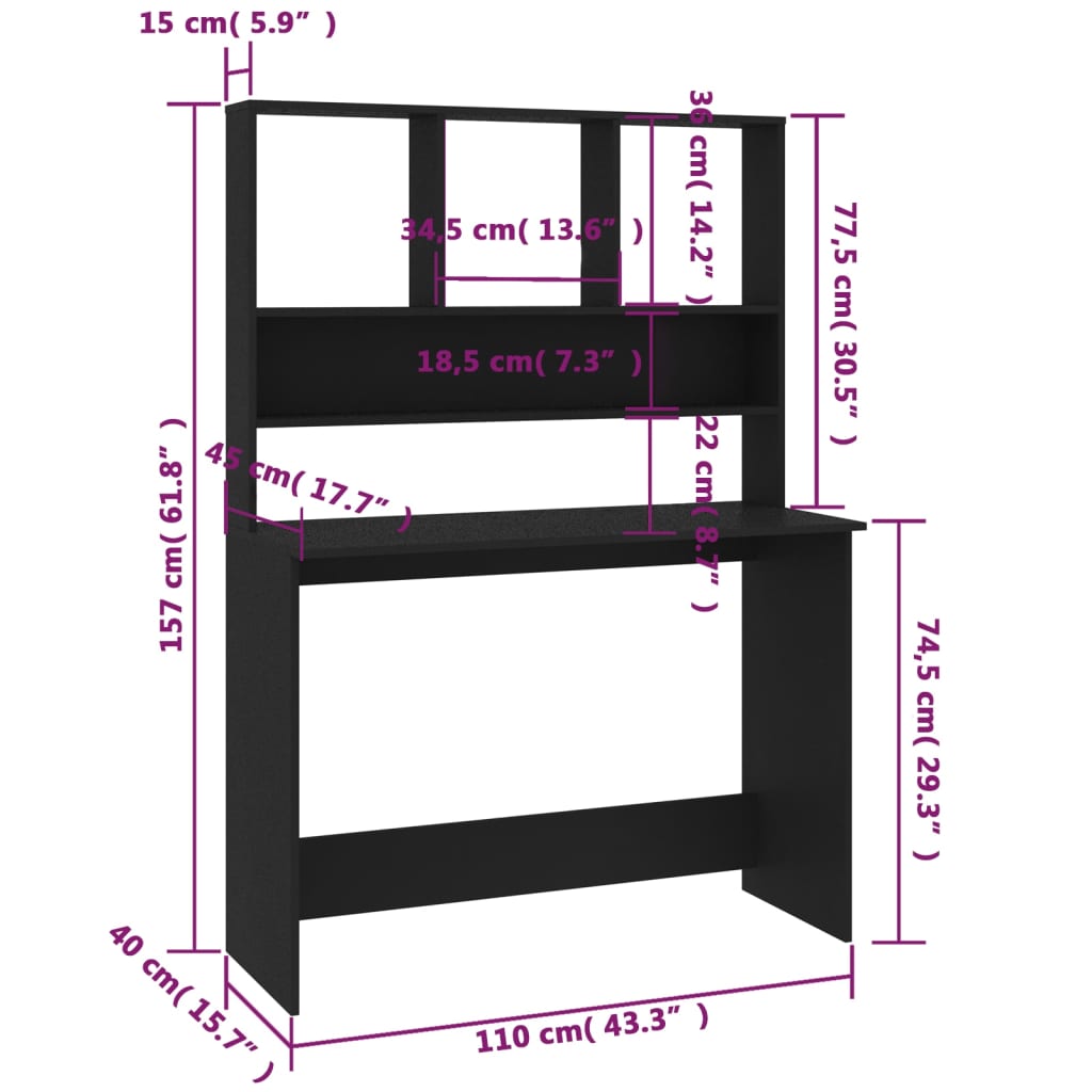 Bureau avec étagères Noir 110x45x157 cm Bois d'ingénierie - XIOS