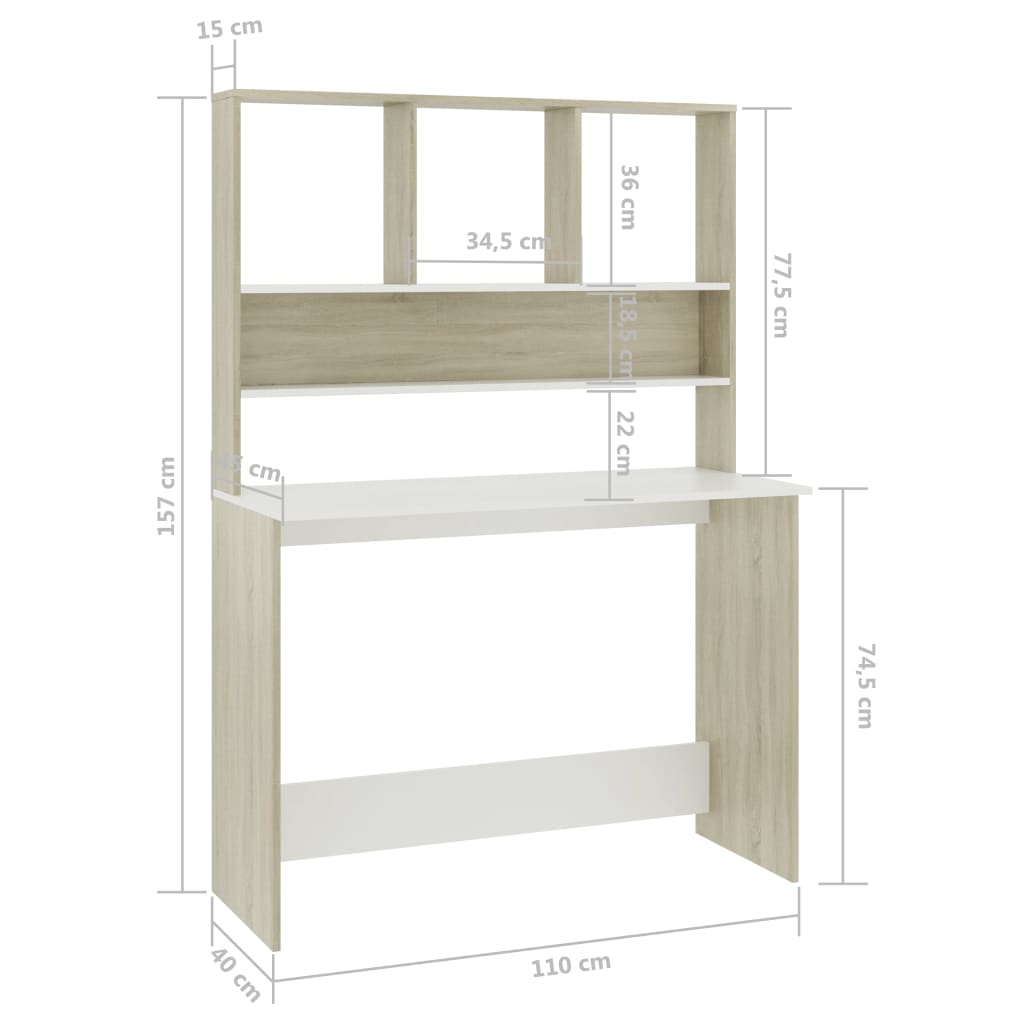 Bureau avec étagères Blanc chêne sonoma 110x45x157 cm Aggloméré - XIOS