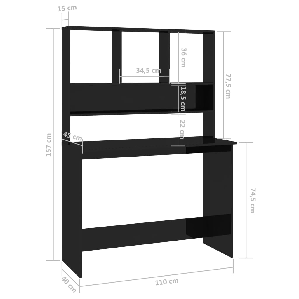Bureau avec étagères Noir brillant 110 x 45 x 157 cm Aggloméré - XIOS
