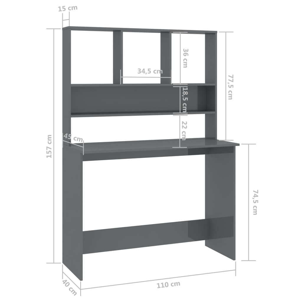Bureau avec étagères Gris brillant 110 x 45 x 157 cm Aggloméré - XIOS