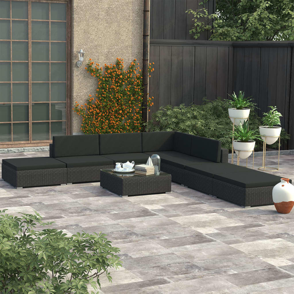 Salon de jardin 8 pcs avec coussins résine tressée noir - XIOS