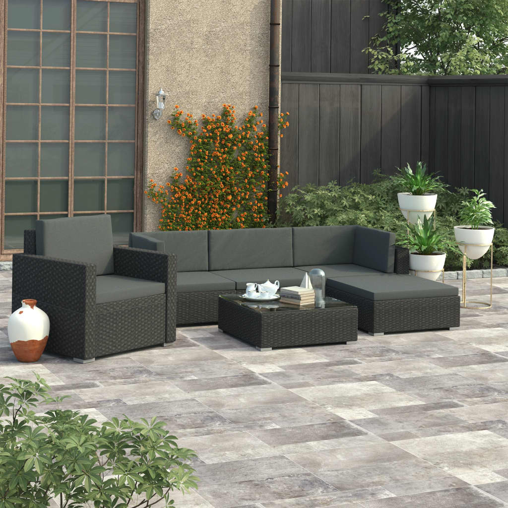 Salon de jardin 6 pcs avec coussins résine tressée noir - XIOS